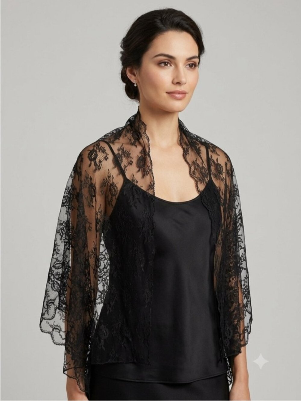 Vintage Black Long Rectangular Lace Mourning Veil Shawl Scalloped Edges - 60x23"